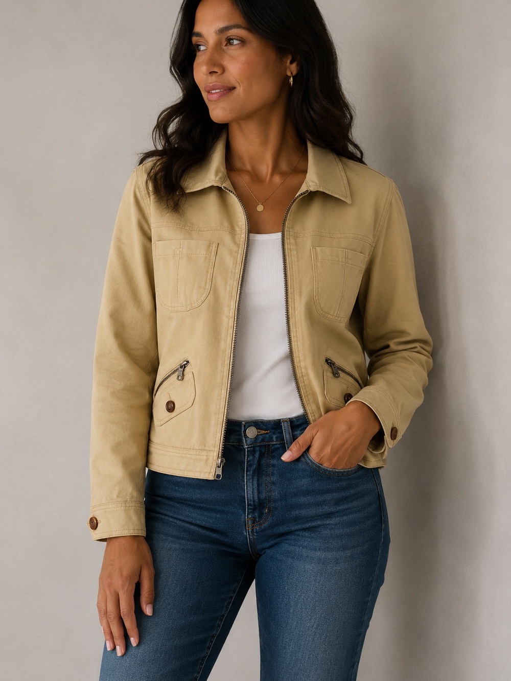 Ideology Womens Wheat Large Jacket Zip Front & Zip Pockes